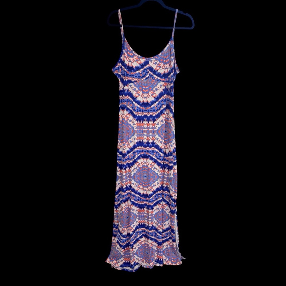 Elegant Blue and Peach Geometric Maxi Dress